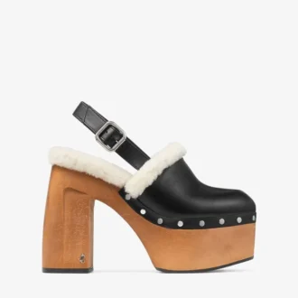 Alida Platform 135 – Schwarze Slingbacks aus glänzendem Kalbsleder mit Lammfell