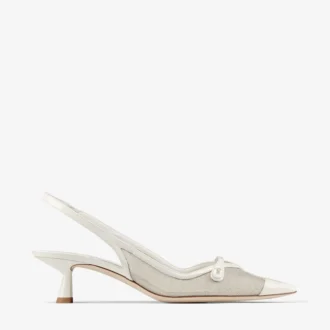 Amita 45 Slingback-Pumps aus Lackleder in Latte und Champagner mit Metallic-Mesh