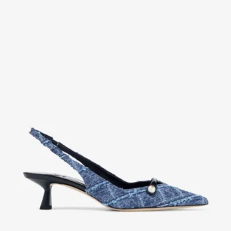 Amita 45 Slingbacks aus marineblauem Denim mit Kreuzmuster und Lackleder