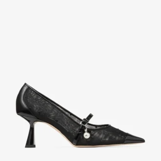 Aren Pumps 65 Schwarze Pumps aus Spazzolato-Leder und Herz-Mesh mit Perlenanhänger