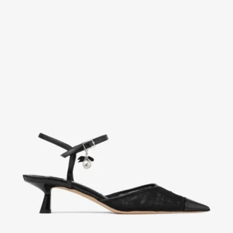Aren Slingback 45 Schwarze Slingbacks aus Spazzolato-Leder und Herz-Mesh mit Perlenanhänger
