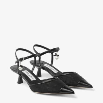 Aren Slingback 45 Schwarze Slingbacks aus Spazzolato-Leder und Herz-Mesh mit Perlenanhänger