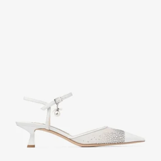 Aren Slingback 45 – Weiße Slingbacks aus Kristall-Mesh mit Perlenanhänger