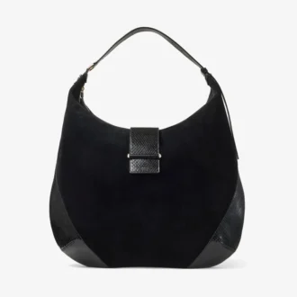 Bar Hobo Große schwarze Schultertasche aus Wildleder mit glänzenden Verzierungen aus Leder mit Schlangenprint