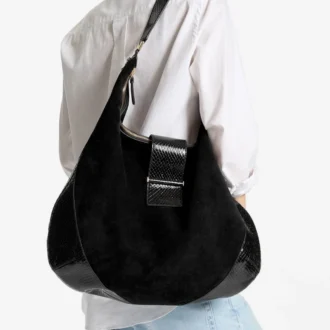 Bar Hobo Große schwarze Schultertasche aus Wildleder mit glänzenden Verzierungen aus Leder mit Schlangenprint
