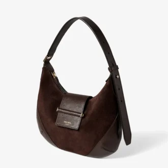 Bar Hobo Kleine Schultertasche aus schokoladenbraunem Wildleder mit Biker-Lederbesatz