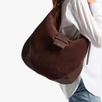 Bar Hobo M Schultertasche aus schokoladenbraunem Wildleder mit Lederbesatz