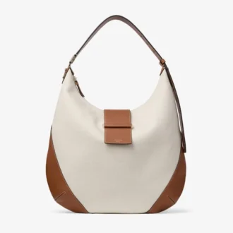 Bar Hobo Medium – Schultertasche aus recyceltem Canvas in Natur und Hellbraun mit Lederbesatz im Biker-Stil