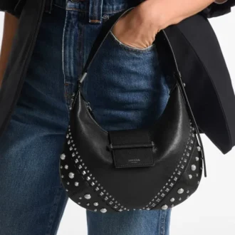 Bar Hobo Small – Kleine schwarze Biker-Umhängetasche aus Leder mit Perlennieten