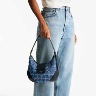 Bar Hobo Small Marine Crosshatch Denim Fabric Shoulder Bag with Biker Leather Trim