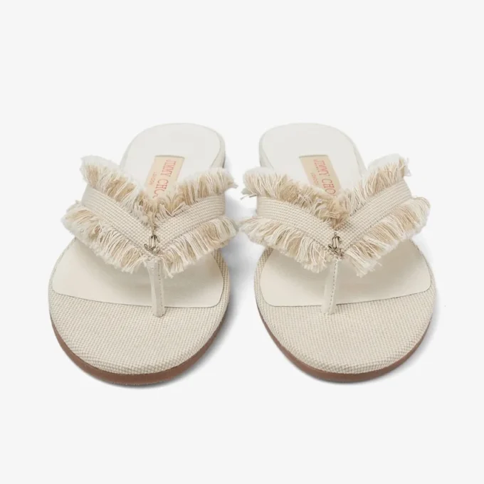 Bay Flat Sandalen aus mandelfarbenem, ausgefranstem, meliertem Canvas