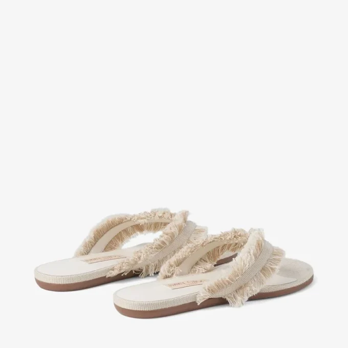 Bay Flat Sandalen aus mandelfarbenem, ausgefranstem, meliertem Canvas
