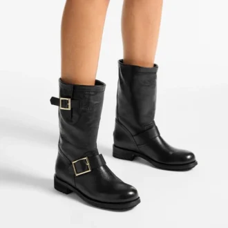 Biker Mid Schwarzer Biker-Leder-Stiefelette