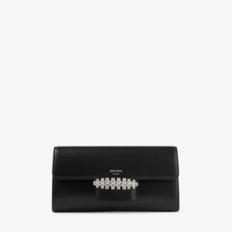 Bing Wallet Chain – Mini-Umhängetasche aus schwarzem Leder mit Kristallverzierung