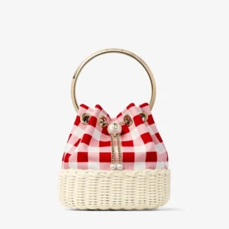 Bon Bon-Beuteltasche aus rubinrotem Baumwollstoff mit Vichy-Karomuster und Korbgeflecht