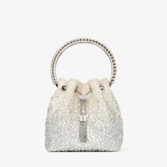 Bon Bon-Tasche aus elfenbeinfarbenem Satin mit Kristallverzierung