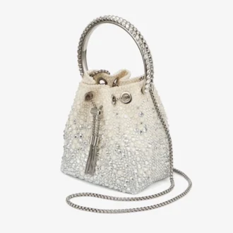 Bon Bon-Tasche aus elfenbeinfarbenem Satin mit Kristallverzierung