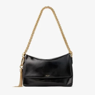 Callie Flap Schwarze Schultertasche aus glänzendem Biker-Leder