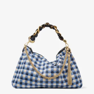 Callie Maxi Marine Mix Gingham Raffia-Umhängetasche mit abnehmbarem gewebtem Nappalederriemen