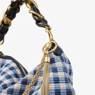 Callie Maxi Marine Mix Gingham Raffia-Umhängetasche mit abnehmbarem gewebtem Nappalederriemen