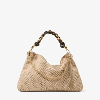 Callie Maxi Schultertasche aus naturfarbener und kaffeefarbener Raffia mit abnehmbarem, gewebtem Nappalederriemen