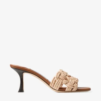 Chara 70 Mule-Sandale aus hellbraunem Leder und gehäkelter Raffia