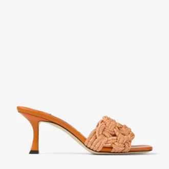 Chara 70 Sunset Orange – Pantoletten aus gehäkelter Raffia und Nappaleder
