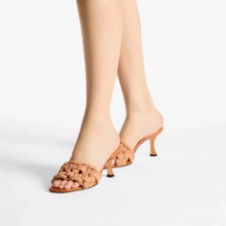 Chara 70 Sunset Orange – Pantoletten aus gehäkelter Raffia und Nappaleder