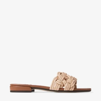Chara Flat – Sandfarbene Leder- und Häkel-Raffia-Pantolette