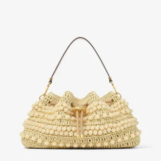 Cinch Medium Natur- und Cappuccino-farbene Raffia-Beuteltasche mit Perlenverzierung und glattem Kalbsleder