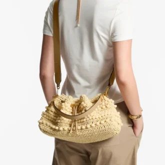 Cinch Medium Natur- und Cappuccino-farbene Raffia-Beuteltasche mit Perlenverzierung und glattem Kalbsleder
