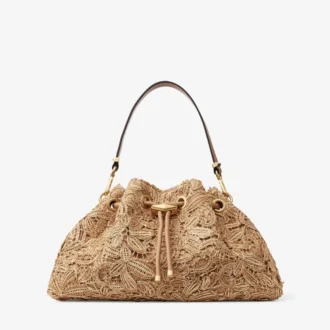 Cinch Medium Schultertasche aus naturfarbenem, mit Blumenmustern gewebtem Raffia