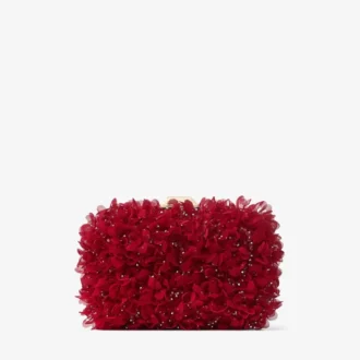 Cloud-Clutch aus rubinrotem Satin mit Blütenstickerei