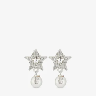 Crystal Star Ohrringe – Ohrringe aus silberfarbenem Metall mit weißen Kunstharzperlen und Kristallen