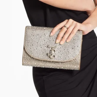 Curve Clutch – Clutch aus goldschimmerndem Wildleder mit Hotfix-Kristallen