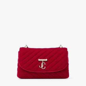 Curve Cross Body Small Rubinrote, gesteppte Crossbody-Tasche aus Samt mit Kristall-JC-Leiste