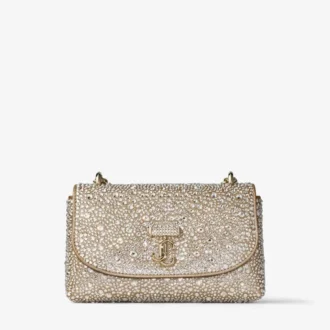 Curve Crossbody Small – goldschimmernde Wildleder-Umhängetasche mit Hotfix-Kristallen