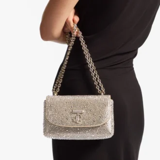 Curve Crossbody Small – goldschimmernde Wildleder-Umhängetasche mit Hotfix-Kristallen