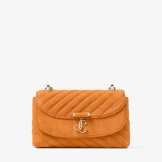 Curve Crossbody Small – Sonnenuntergangsorangefarbene, gesteppte Umhängetasche aus Wildleder