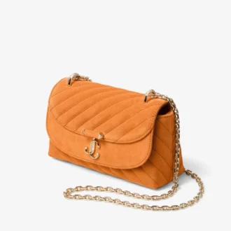 Curve Crossbody Small – Sonnenuntergangsorangefarbene, gesteppte Umhängetasche aus Wildleder