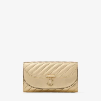 Curve-Geldbörse mit Kette Glänzendes, goldfarbenes, gestepptes Metallic-Leder-Clutch