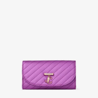 Curve-Geldbörse mit Kette, violette Orchidee, gesteppte Satin-Geldbörsenkette mit Kristall-JC-Bar