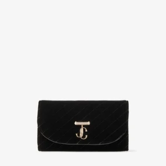 Curve Wallet mit Kette – Schwarze, gesteppte Samt-Minitasche mit Kristall-JC-Leiste