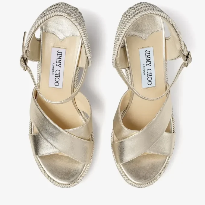 Dellena 100 Keilsandalen aus champagnerfarbenem Nappaleder mit metallischem Seilfaden