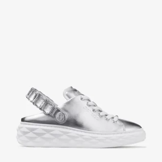Diamond Sling – Slipper-Sneaker aus silbermetallischem Leder mit Kristallriemen