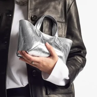 Diamond Tote Mini – Mini-Tasche aus silbernem Vintage-Metallic-Leder