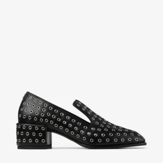 Eliot Slipper 45 – Schwarze Slipper aus metallischem Nappaleder mit Ösen