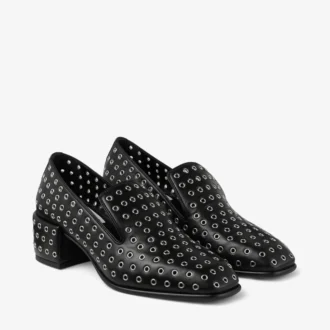 Eliot Slipper 45 – Schwarze Slipper aus metallischem Nappaleder mit Ösen
