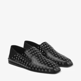 Eliot Slipper – Schwarze Slipper aus metallischem Nappaleder mit Ösen