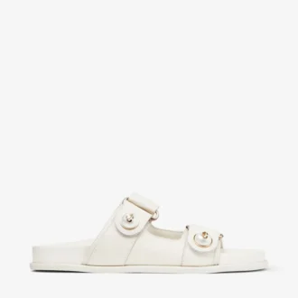 Fayence Sandal Latte – Flache Sandalen aus Leder mit Perlenverzierung